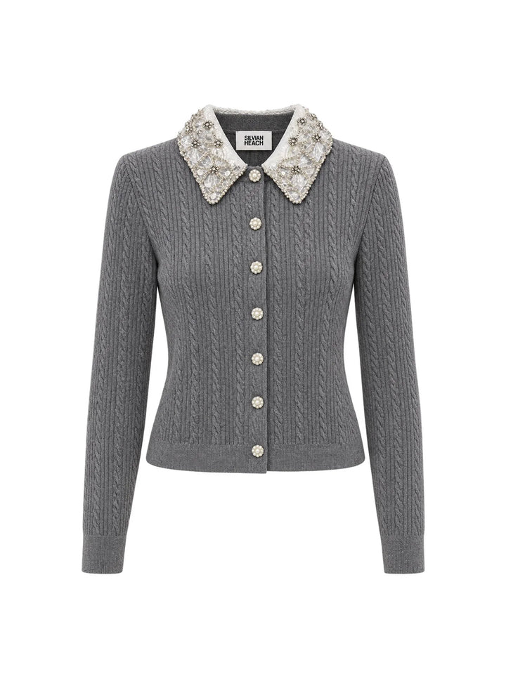 Cropped Cardigan with Lace Collar in Grey