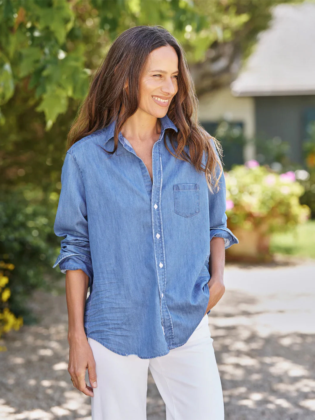 Eileen Relaxed Button-Up Shirt in Seraphine on Indigo Denim