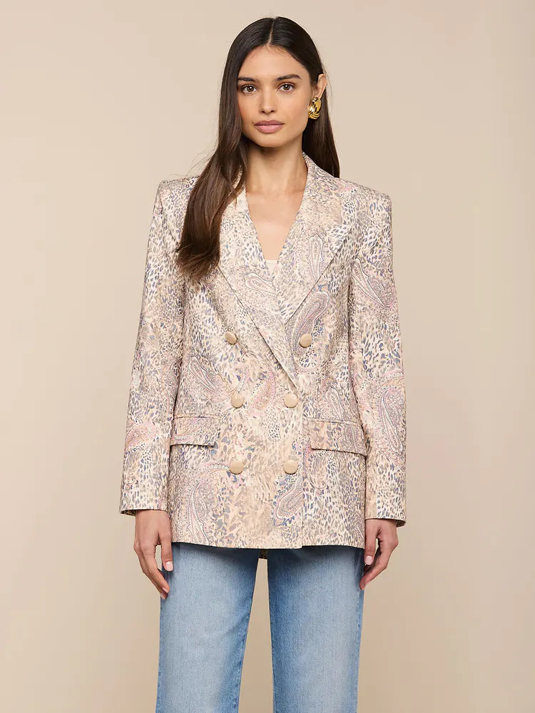 Cambrie Oversized Linen-Blend Blazer in Tan/Mauve Valencia Leopard