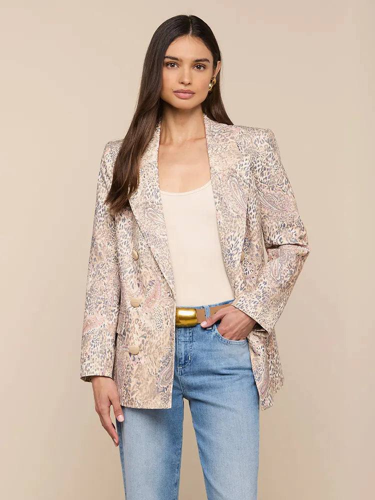 Cambrie Oversized Linen-Blend Blazer in Tan/Mauve Valencia Leopard