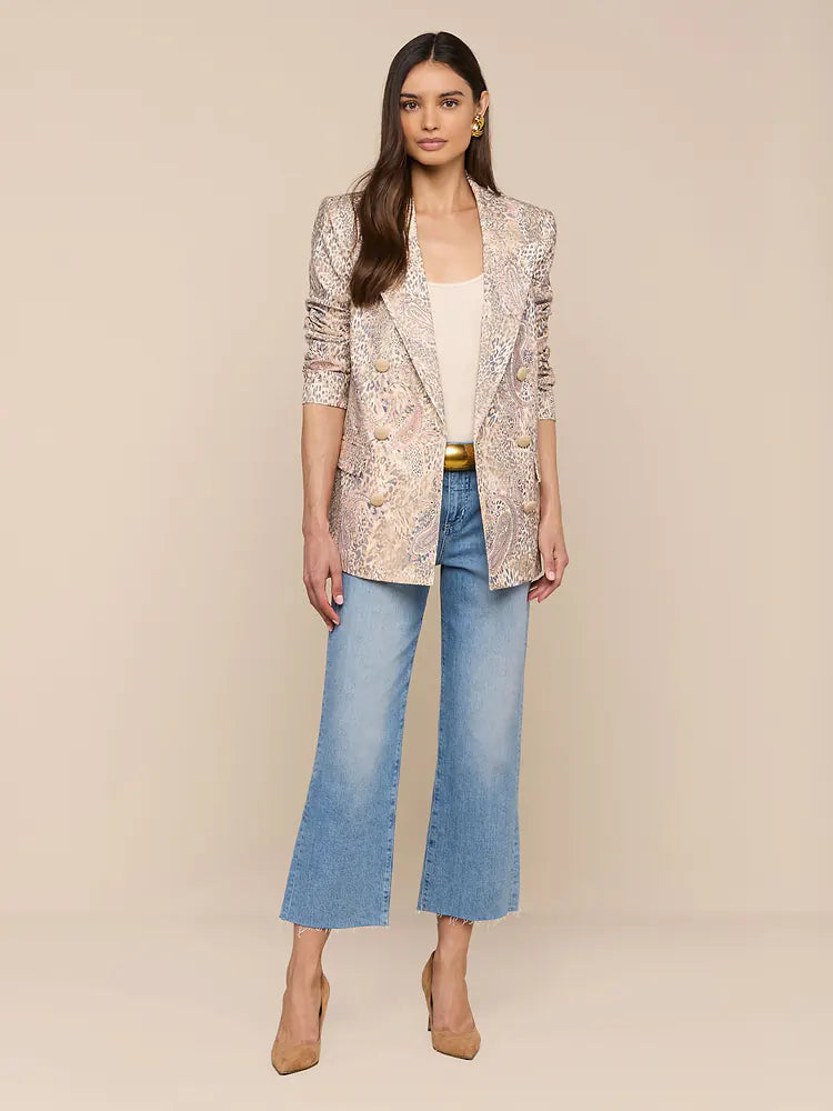 Cambrie Oversized Linen-Blend Blazer in Tan/Mauve Valencia Leopard