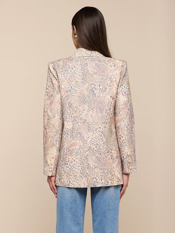 Cambrie Oversized Linen-Blend Blazer in Tan/Mauve Valencia Leopard