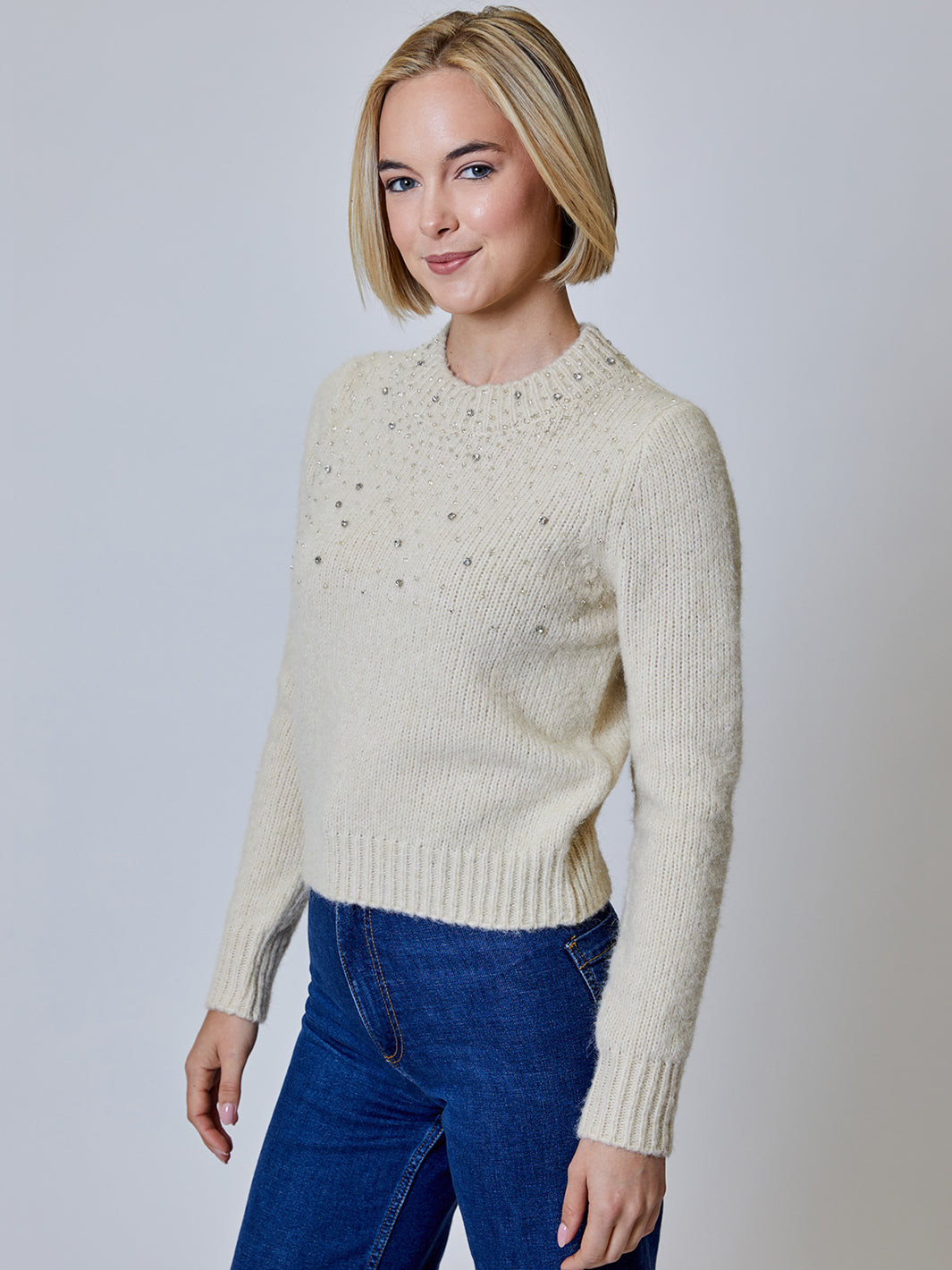 Long Sleeve Embellished Sweater in Toasted Almond