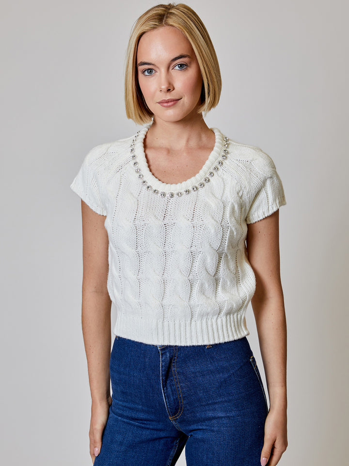 Short Sleeve Embellished Sweater in Winter White