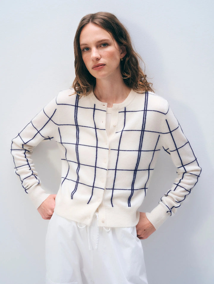 Cashmere Windowpane Cardigan in Soft White