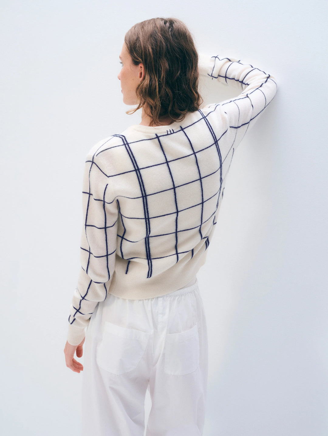 Cashmere Windowpane Cardigan in Soft White