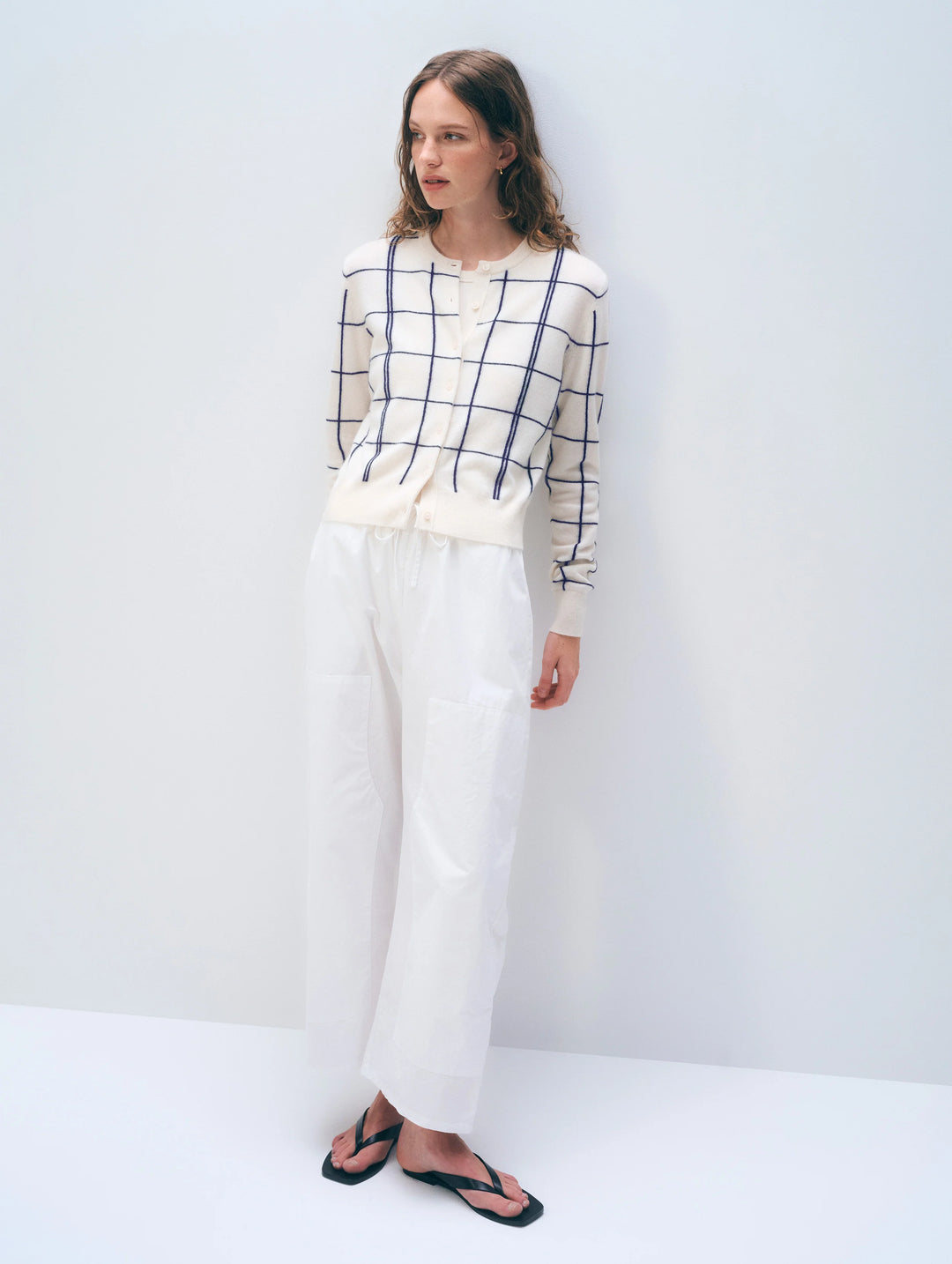 Cashmere Windowpane Cardigan in Soft White