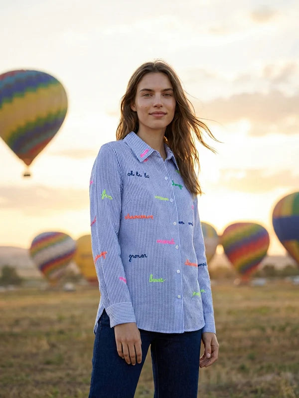 Mafalda Embroidered Shirt in Blue White Stripes