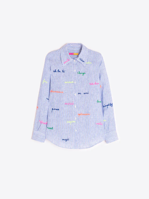 Mafalda Embroidered Shirt in Blue White Stripes