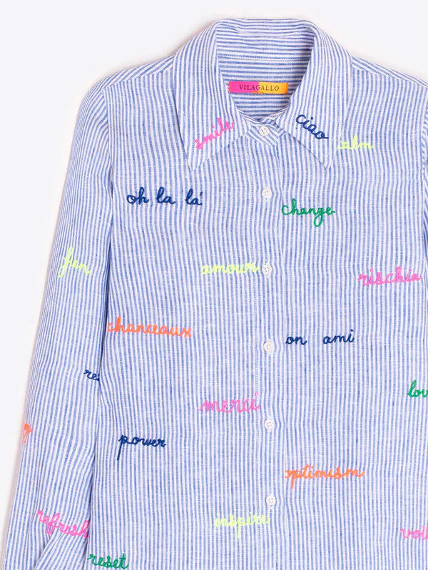 Mafalda Embroidered Shirt in Blue White Stripes
