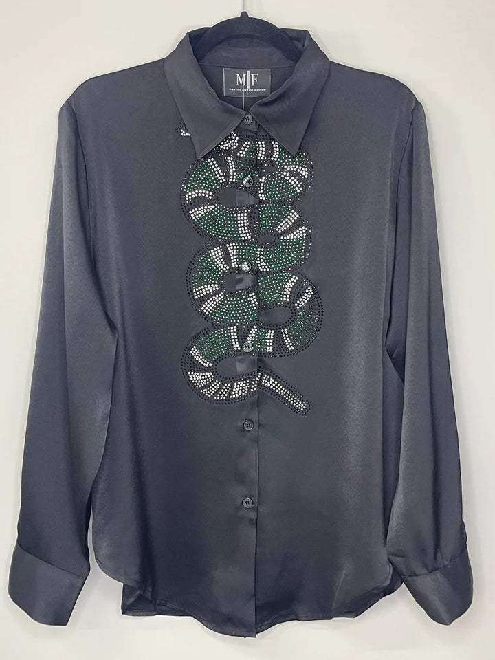 Silky Green Crystal Snake Shirt in Black