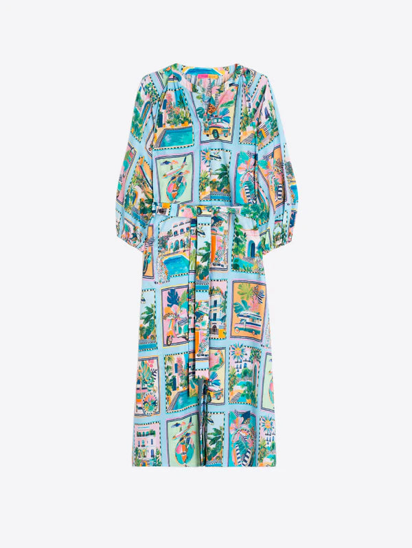 Claudette Printed Dress in Turquoise Tropical Scenes