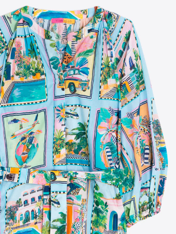 Claudette Printed Dress in Turquoise Tropical Scenes
