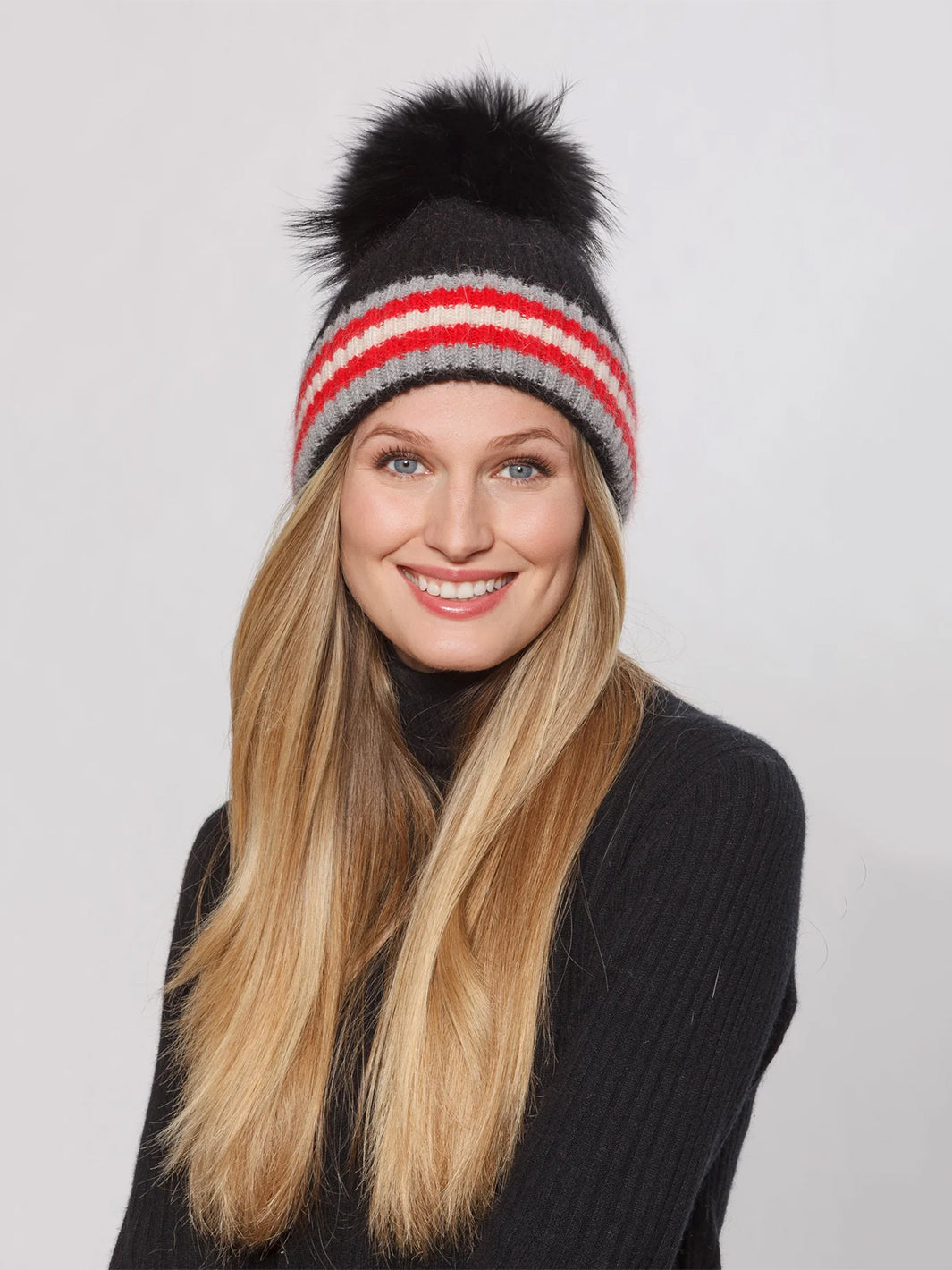 Angora Blend Hat w/ Stripe Detail in Black/Red/Grey/Cream