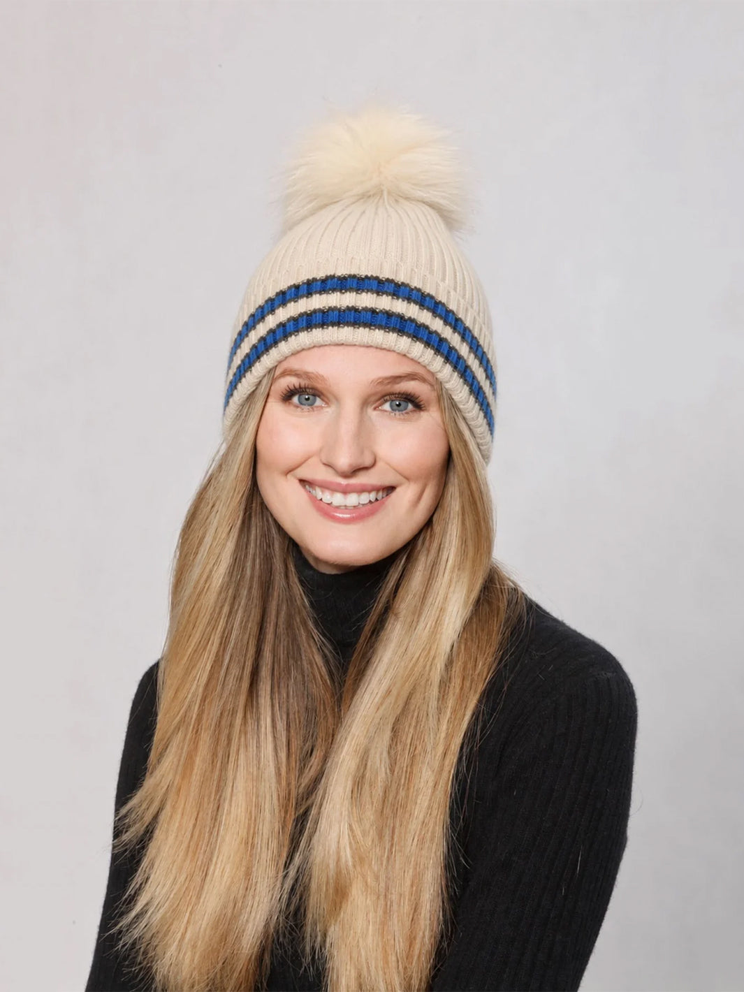 Angora Blend Hat w/ Stripe Detail in Cream/Blue/Mocha