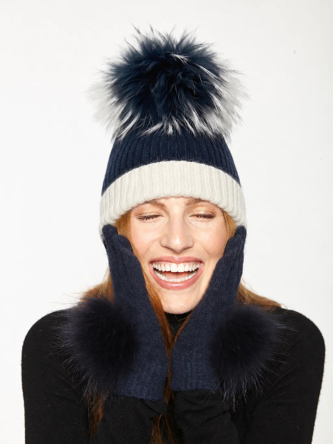 Angora Blend Two-tone Hat w/ Genuine Fur Pom in Navy/White