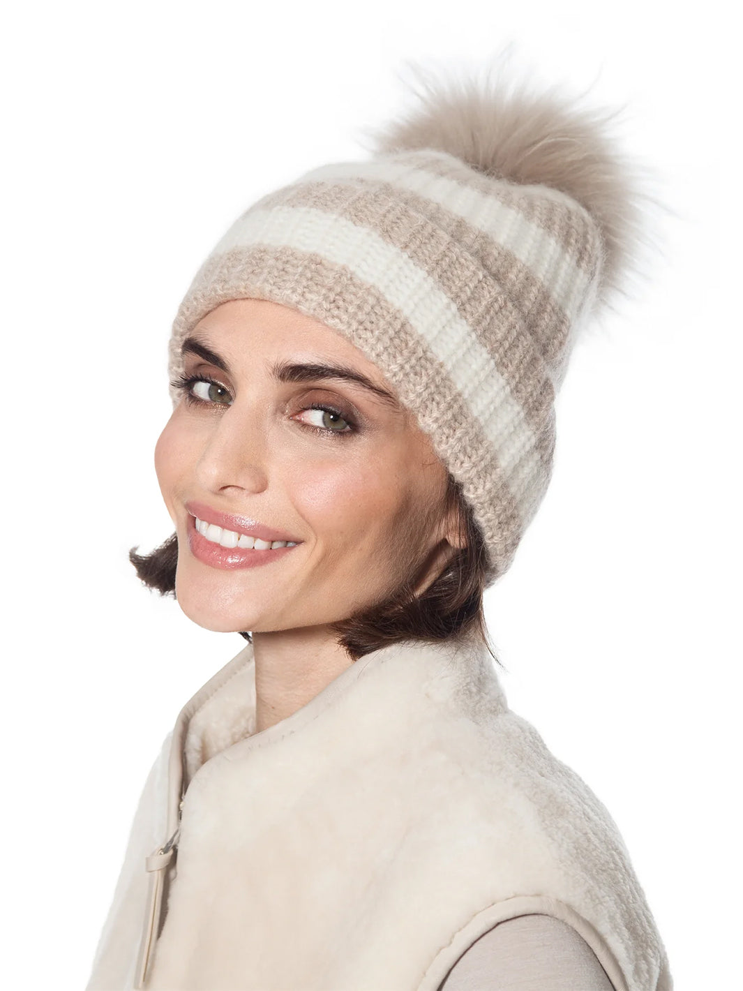 Angora Blend Striped Hat w/ Genuine Fur Pom in Taupe