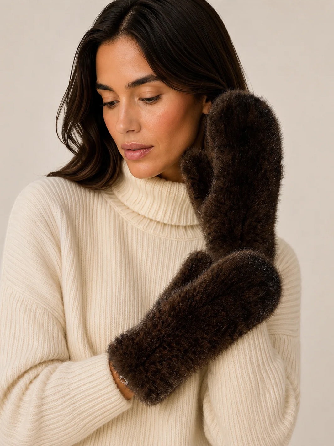 Genuine Mink Fur Knit Mittens in Brown
