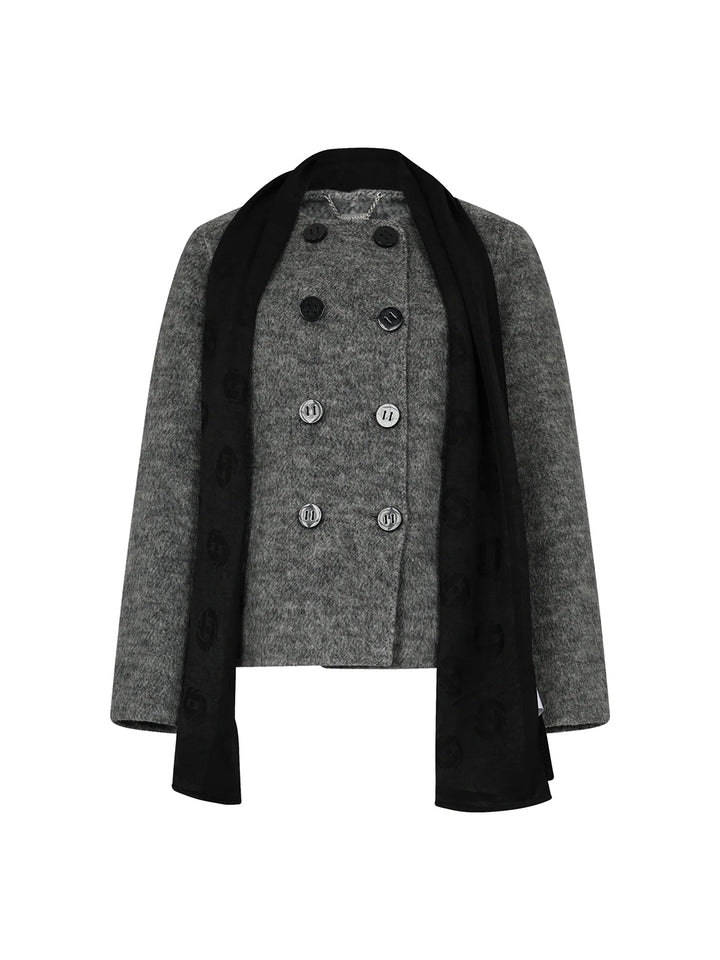 Glamor Double-Breasted Cape with Matching Scarf in Grey