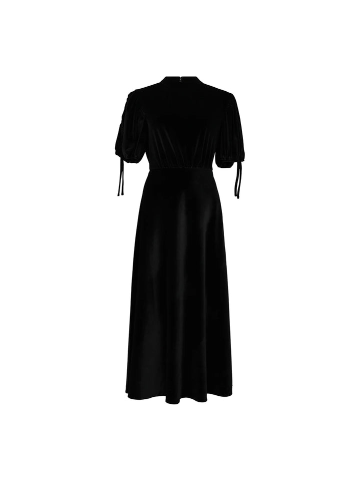 Long Velvet Dress with Balloon Sleeves in Black