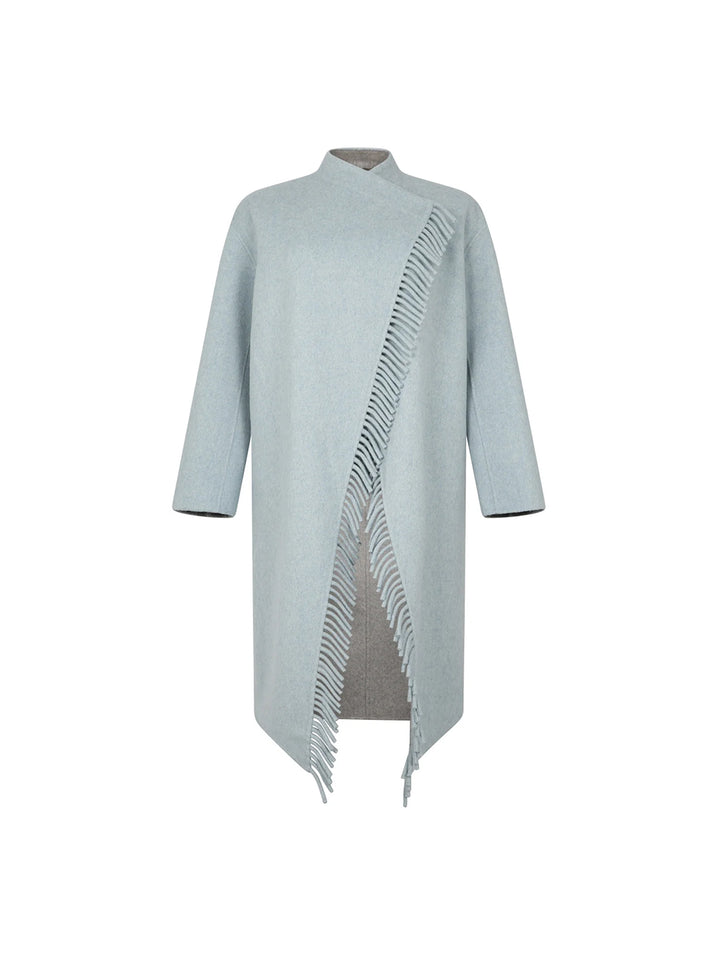 Asymmetric Coat with Cascading Fringes in Sky Blue