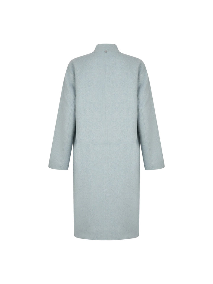 Asymmetric Coat with Cascading Fringes in Sky Blue