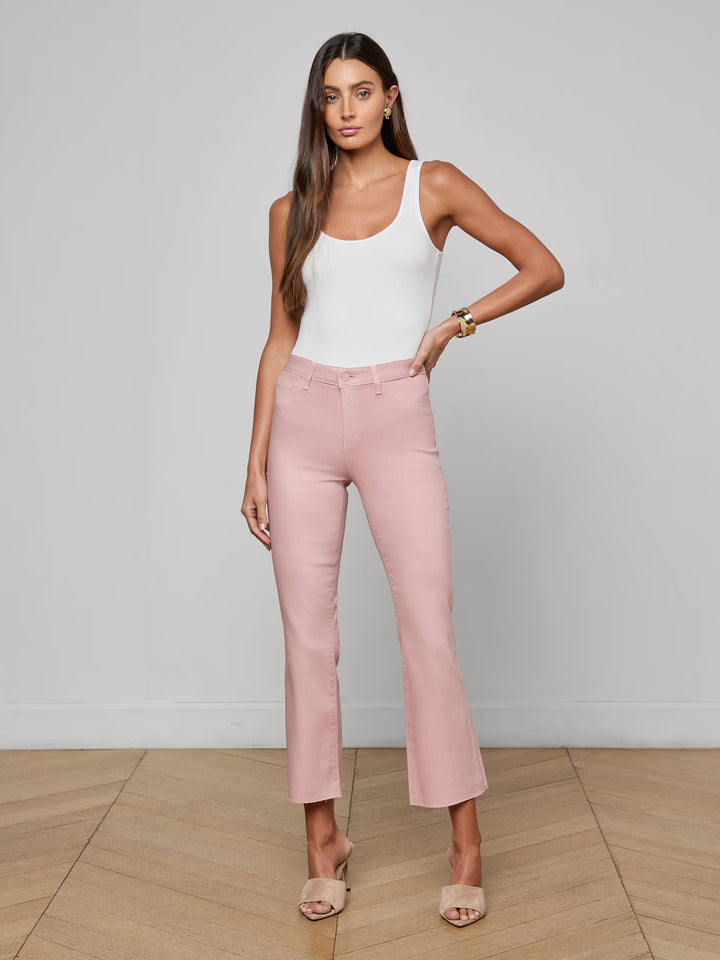 Kendra Coated Cropped Flare Jean in Pale Rose Coated