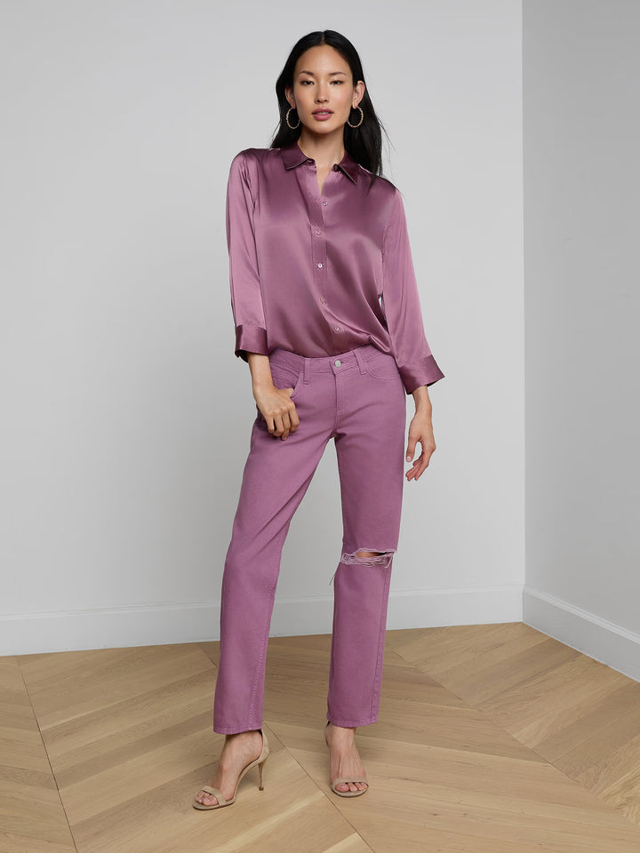 Nevia Slouchy Straight-Leg Jean in Dusky Orchid Destruct