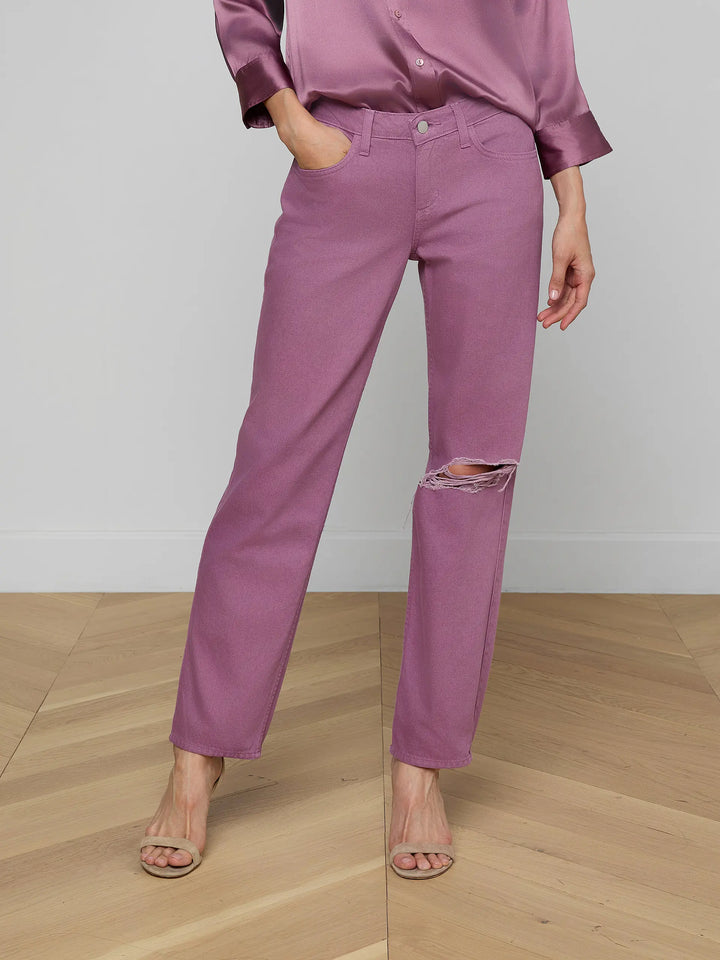 Nevia Slouchy Straight-Leg Jean in Dusky Orchid Destruct
