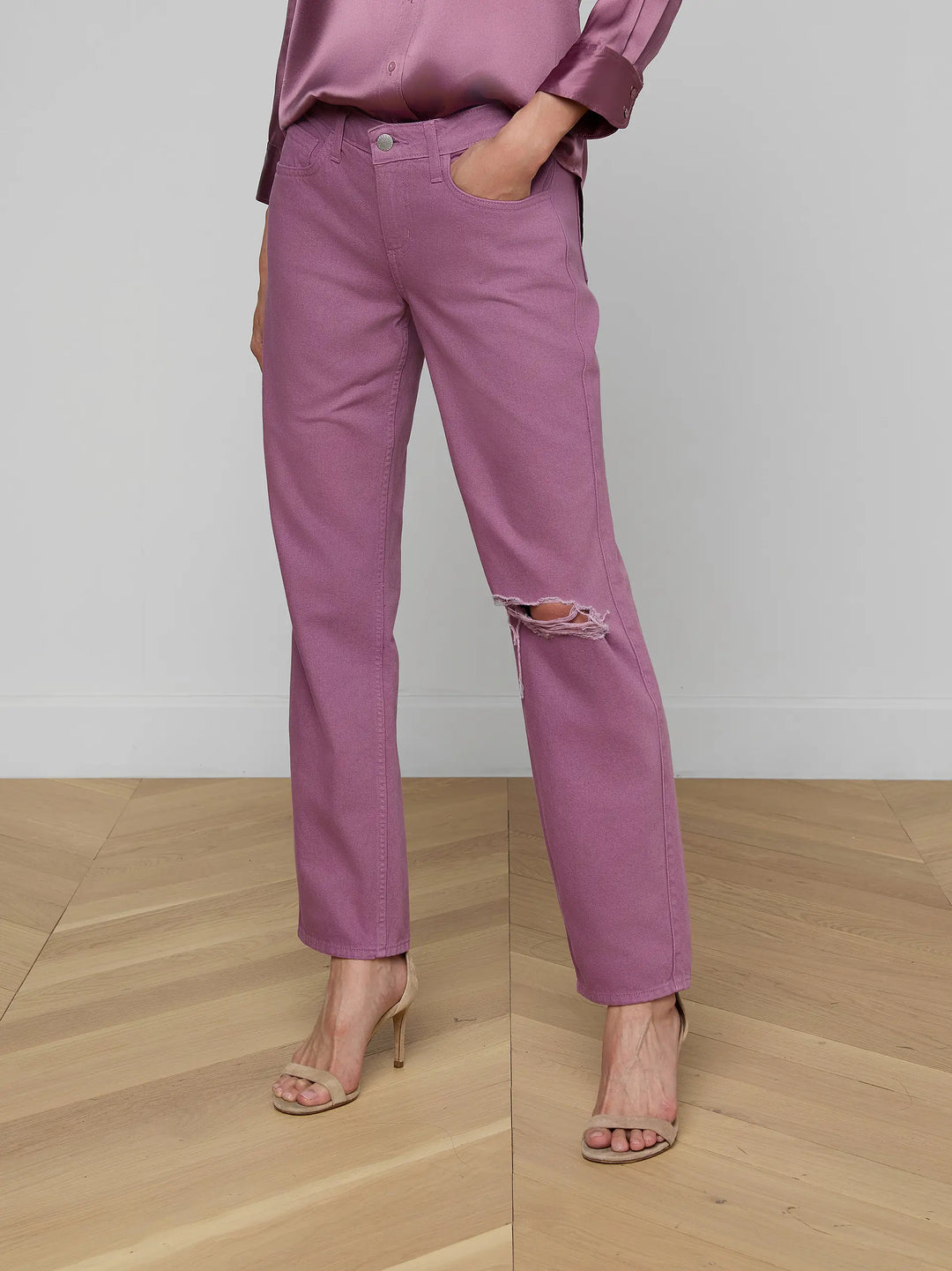 Nevia Slouchy Straight-Leg Jean in Dusky Orchid Destruct
