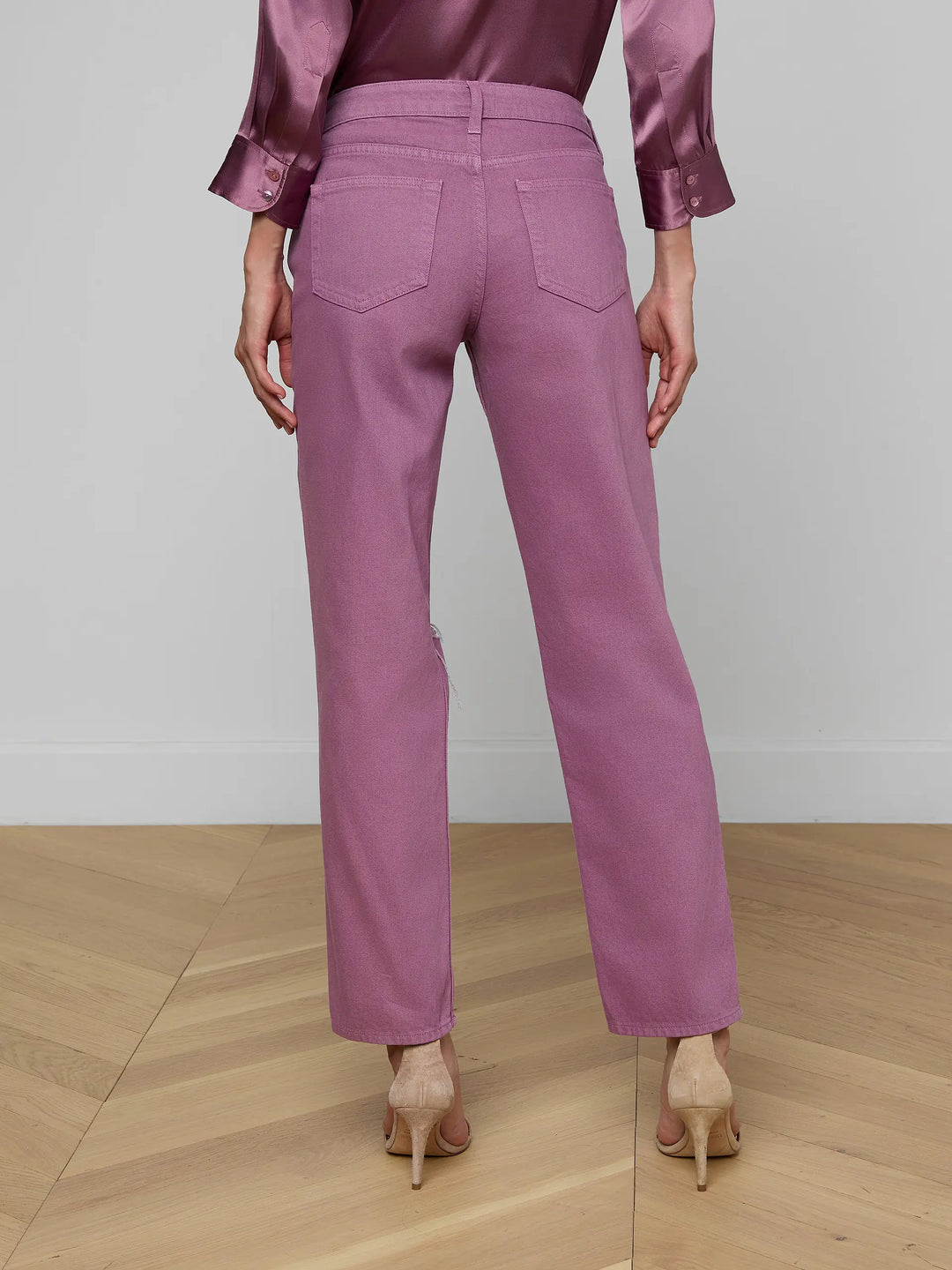 Nevia Slouchy Straight-Leg Jean in Dusky Orchid Destruct