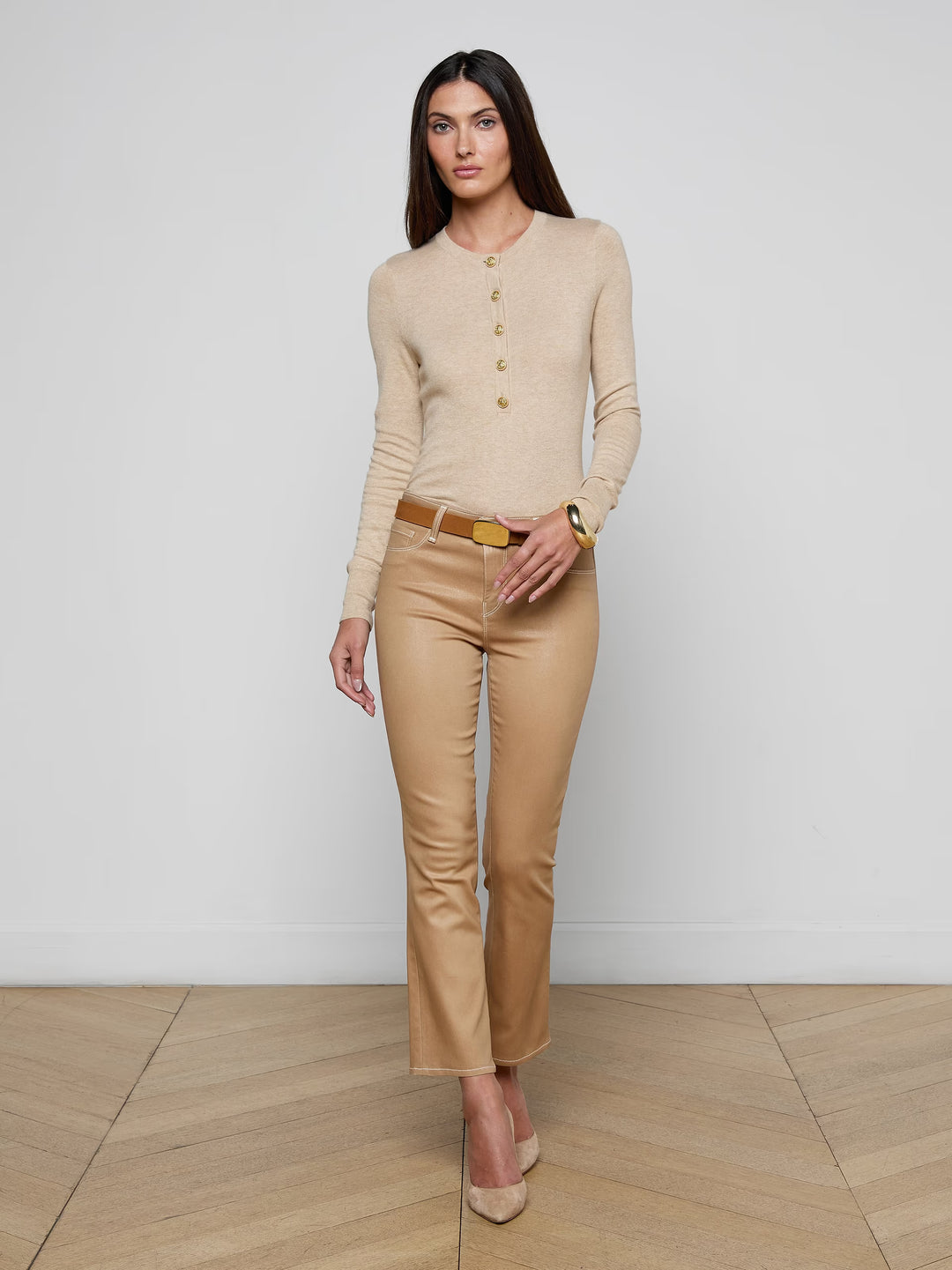 Tati Coated Boot Cut Jean in Light Chai Latte/White Contrast Coated