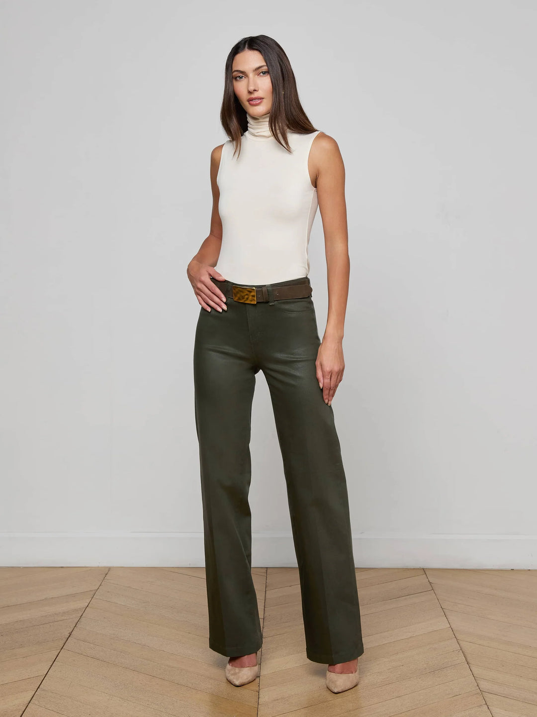 Scottie High-Rise Wide-Leg Jean in Deep Olive Coated