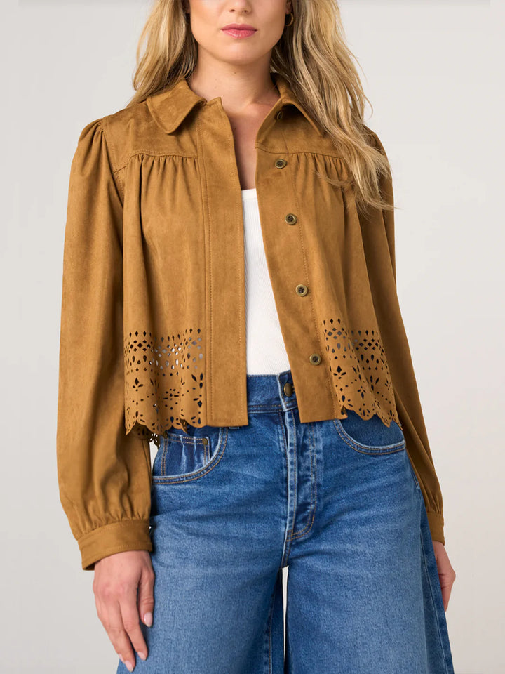 Puff Sleeve Jacket w/ Laser Cut Hem in Caramel