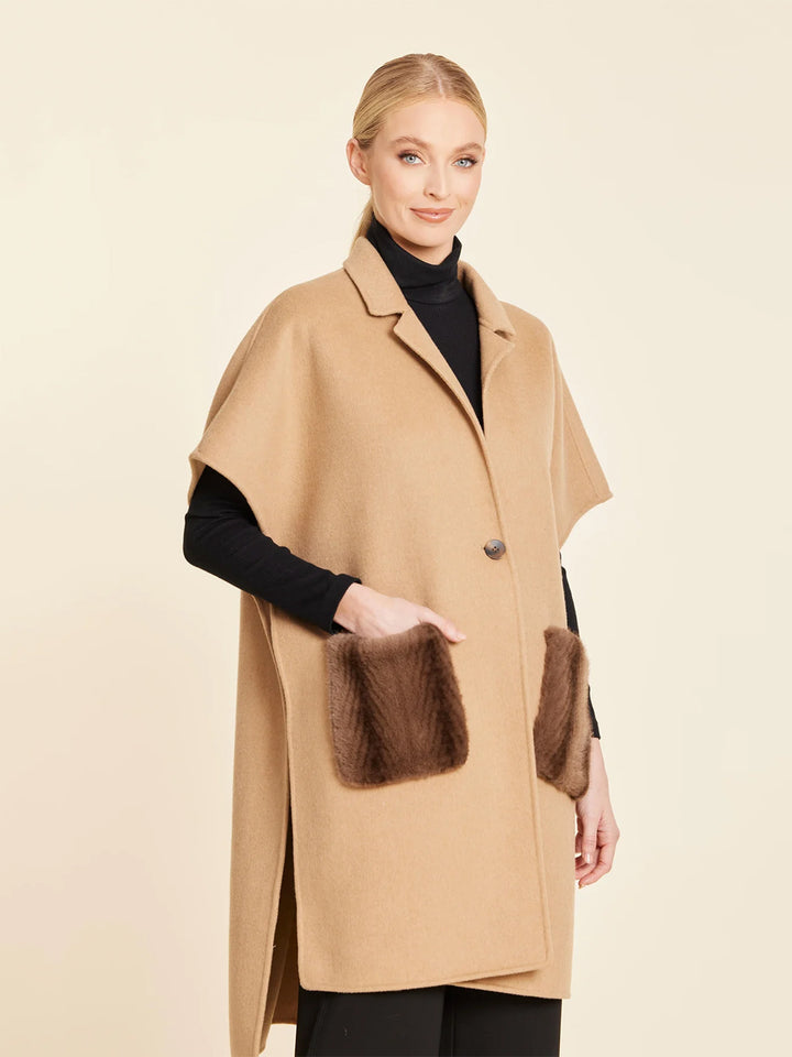 Faux Fur Pocket Long Vest in Beige/Brown