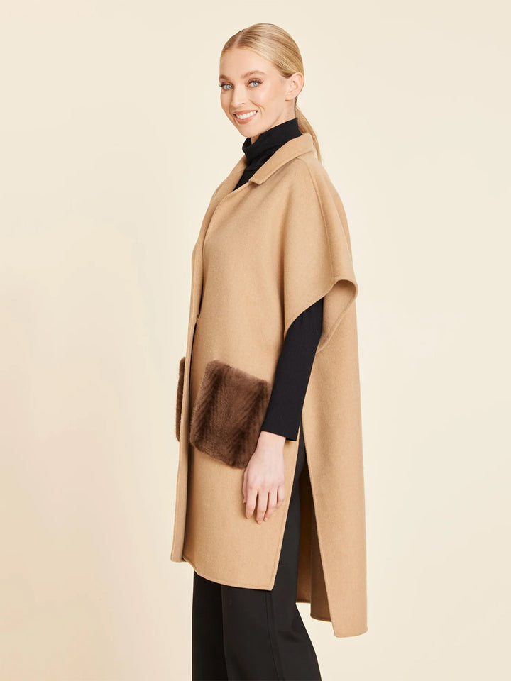 Faux Fur Pocket Long Vest in Beige/Brown