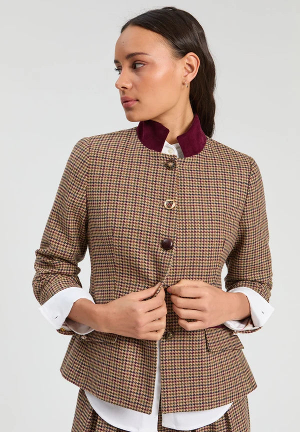 Dori Equestrian Houndstooth Jacket in Brown