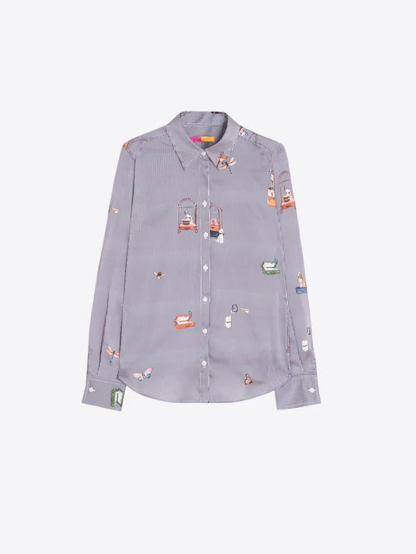 Gaby Embroidered Stripe Travel Shirt in Grey