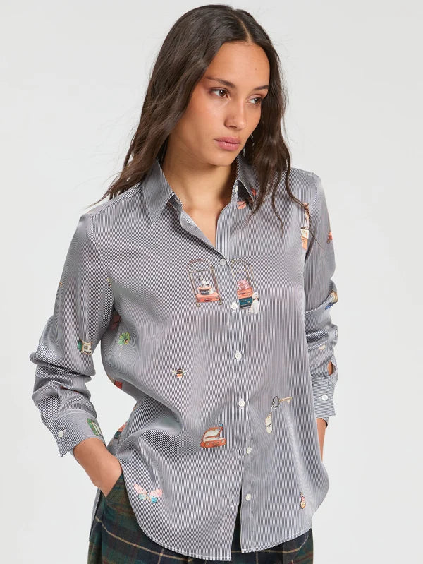 Gaby Embroidered Stripe Travel Shirt in Grey
