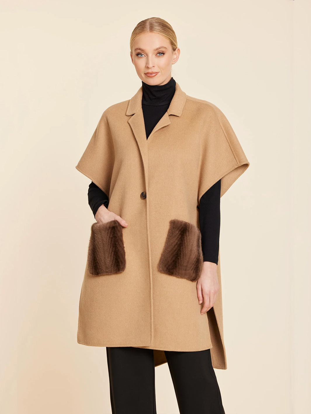 Faux Fur Pocket Long Vest in Beige/Brown