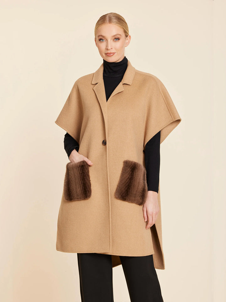 Faux Fur Pocket Long Vest in Beige/Brown