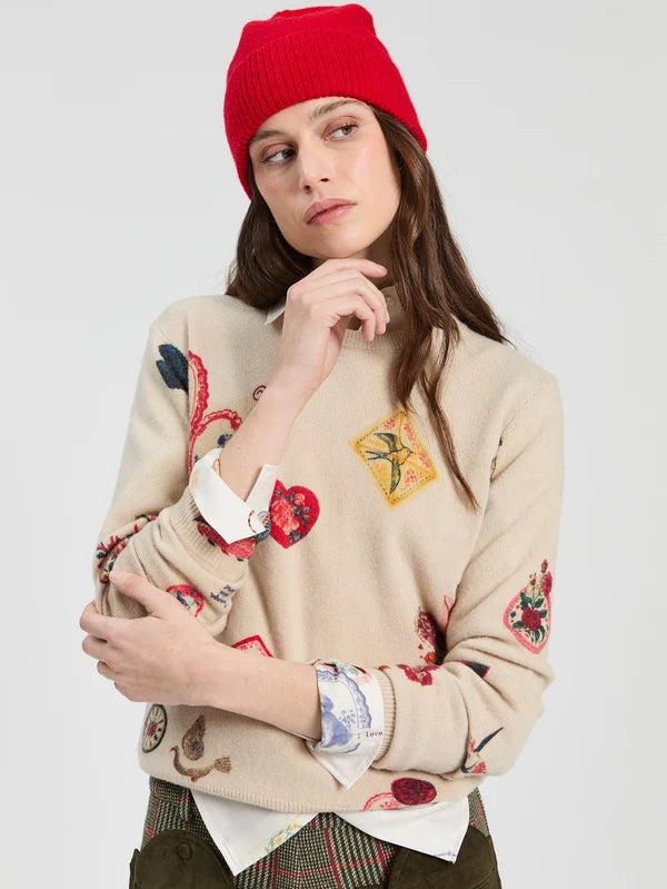 Vintage Stamp Pattern Jumper in Tan