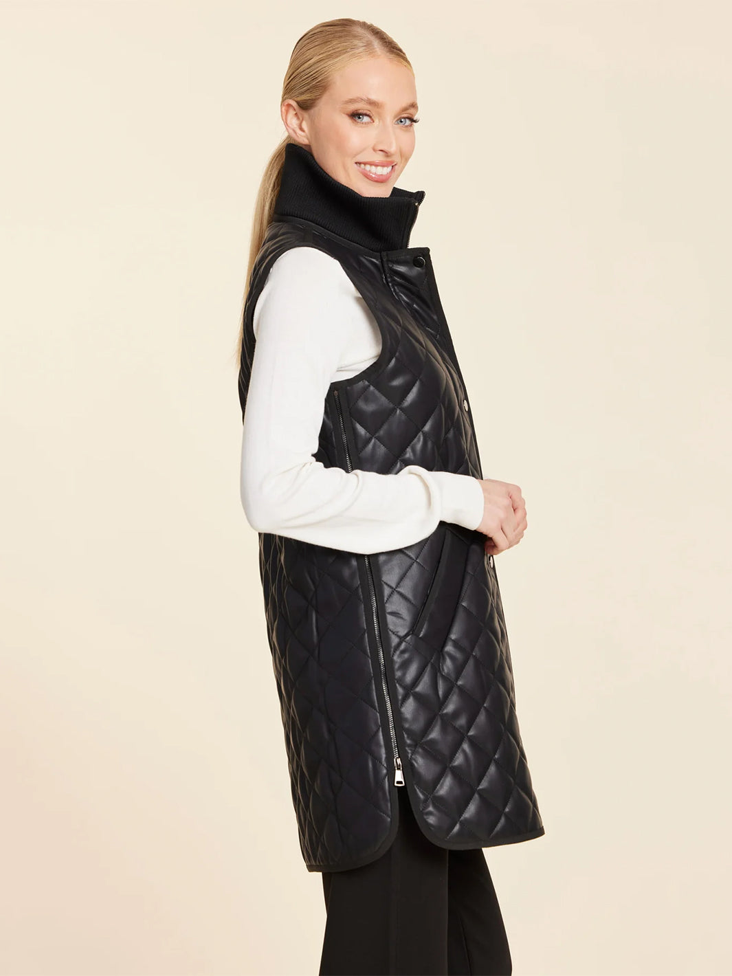 Faux Leather Quilted Vest With Side Zippers in Black