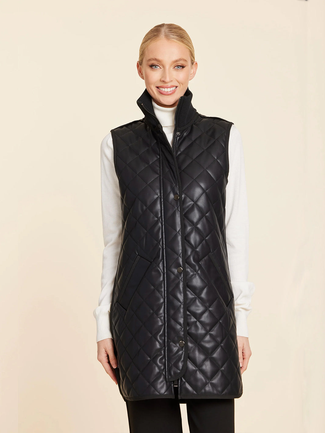 Faux Leather Quilted Vest With Side Zippers in Black