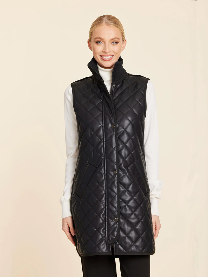 Faux Leather Quilted Vest With Side Zippers in Black
