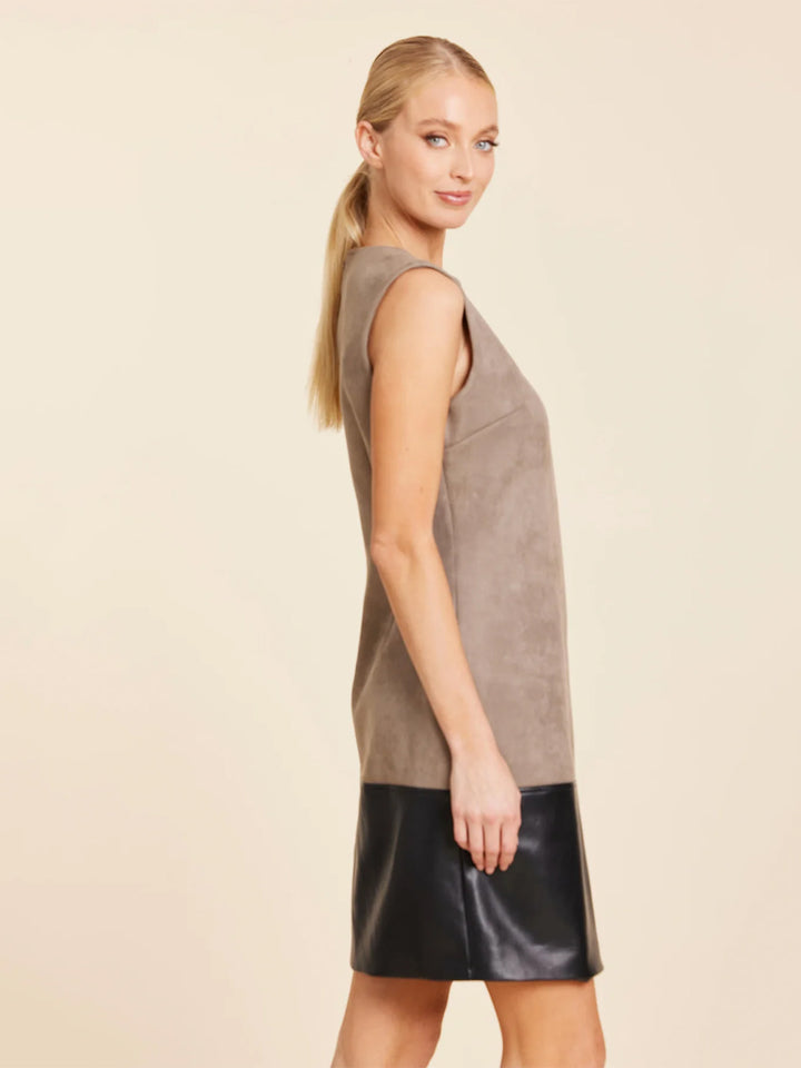Faux Suede and Faux Leather Block Dress in Stone Multi