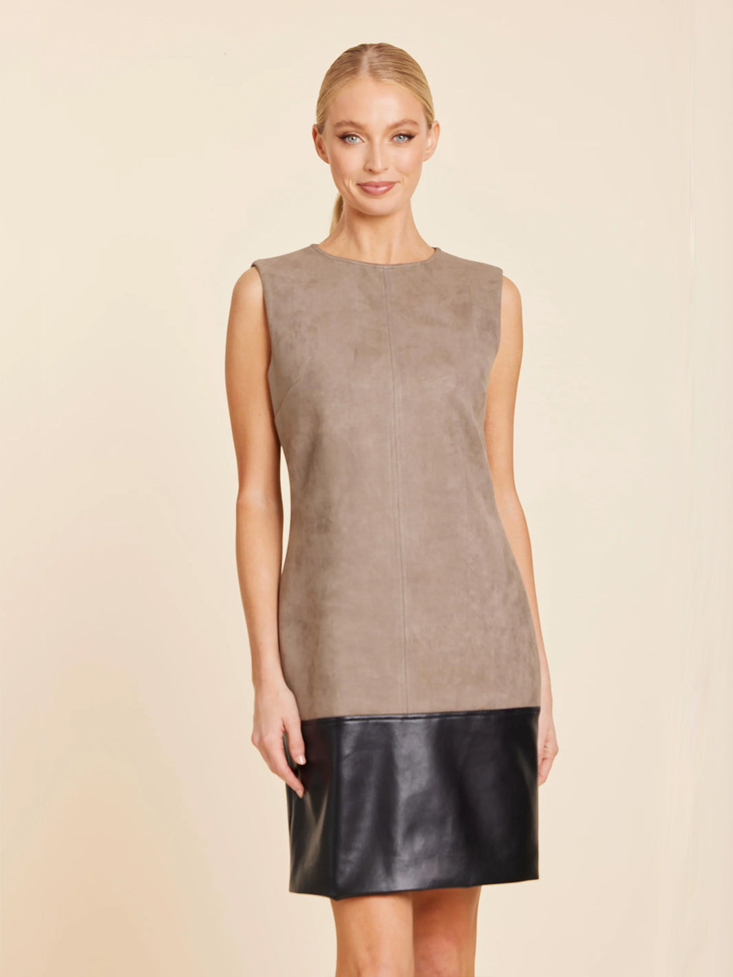 Faux Suede and Faux Leather Block Dress in Stone Multi