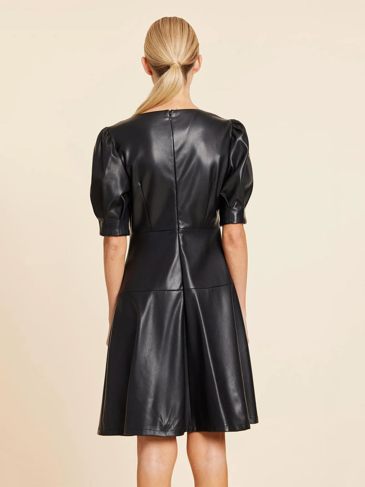 Faux Leather Short Sleeve Dress in Black