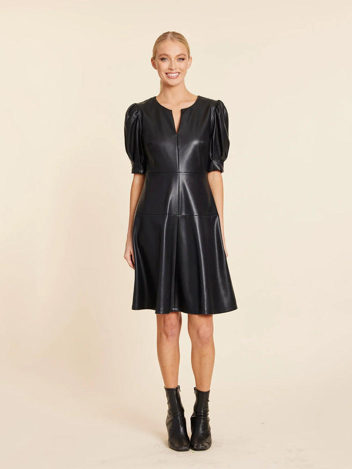 Faux Leather Short Sleeve Dress in Black