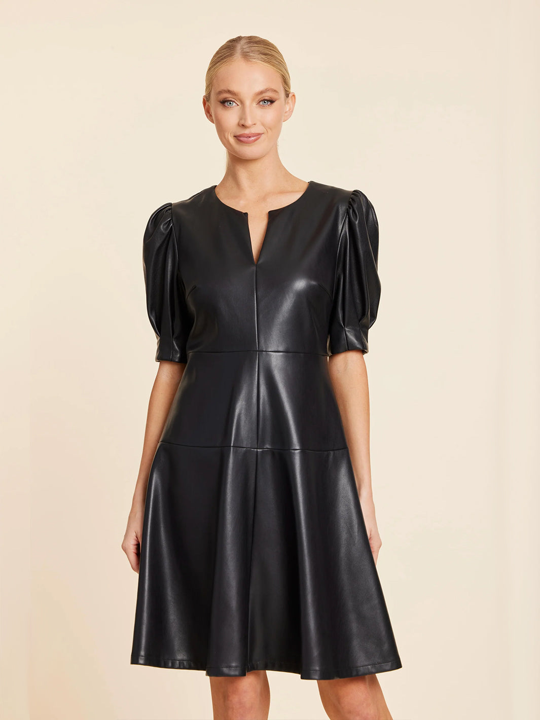 Faux Leather Short Sleeve Dress in Black